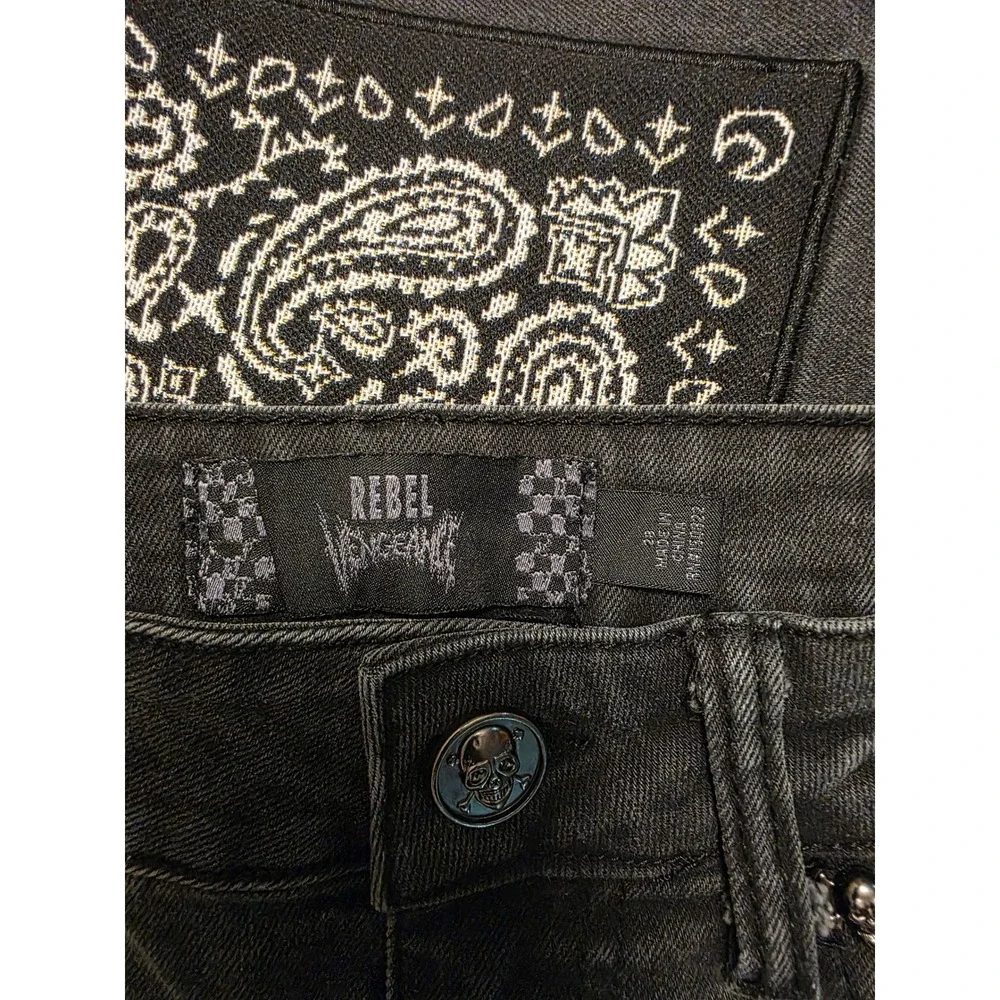 Rebel Vengeance Mens Faded Black Paisley Bandana Patchwork Skull Denim Jeans 28